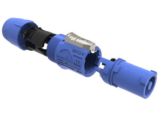 Indoor gebruik IP44 Triple Core Male Powercon Connector 3 pin Audio Video Input Port Vergrendelbare Speakon Plug 20A 250V AC Blauw